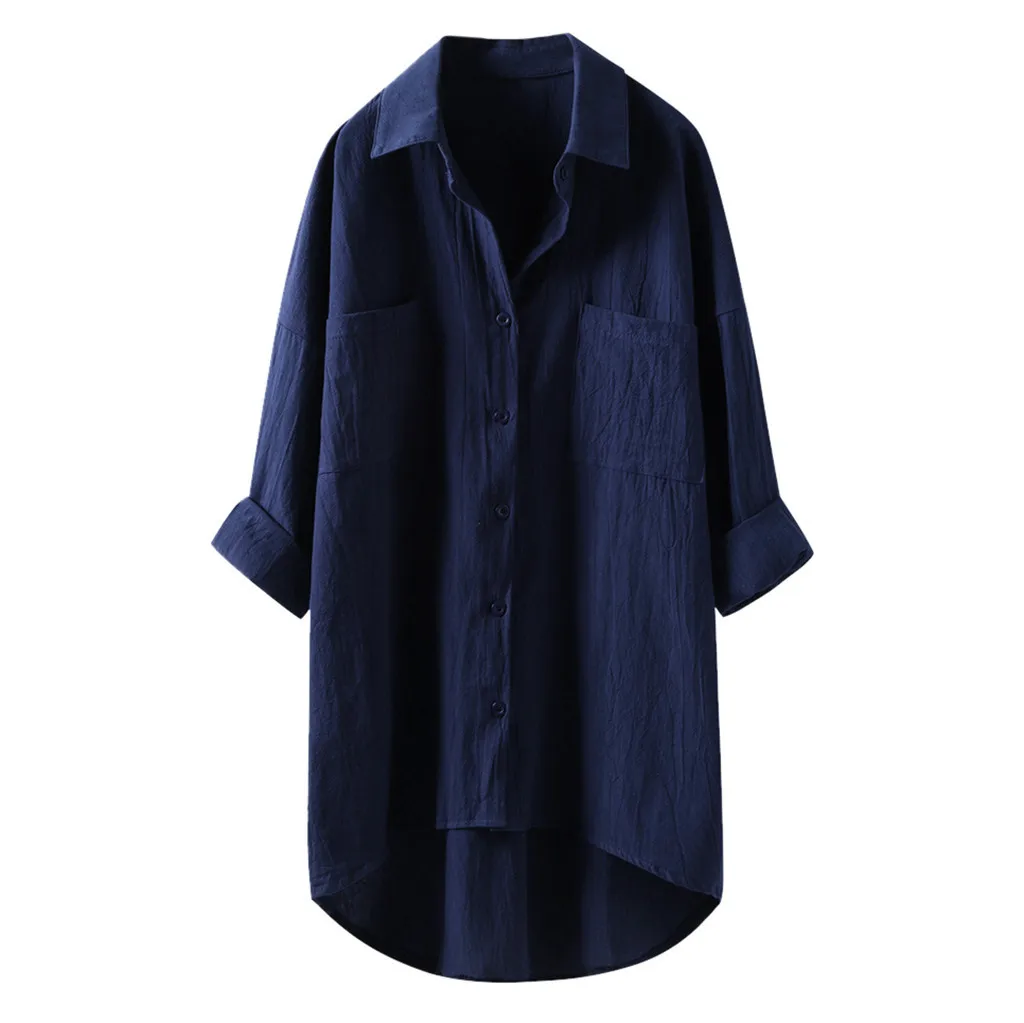 秋の新製品シャツ女性のカジュアルシャツ綿麻ポケット長袖トップ女性 Blusas Elegantes Camisa Branca Femimina