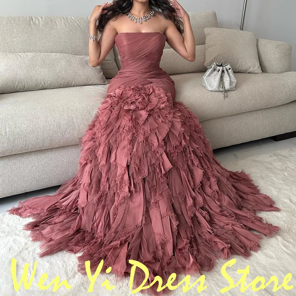 Elegant and Fashion Straight Strapless Tulle Evening Dress Floor Length Sleeveless Photo Color Sweep Train Vestido De Noche Dubi