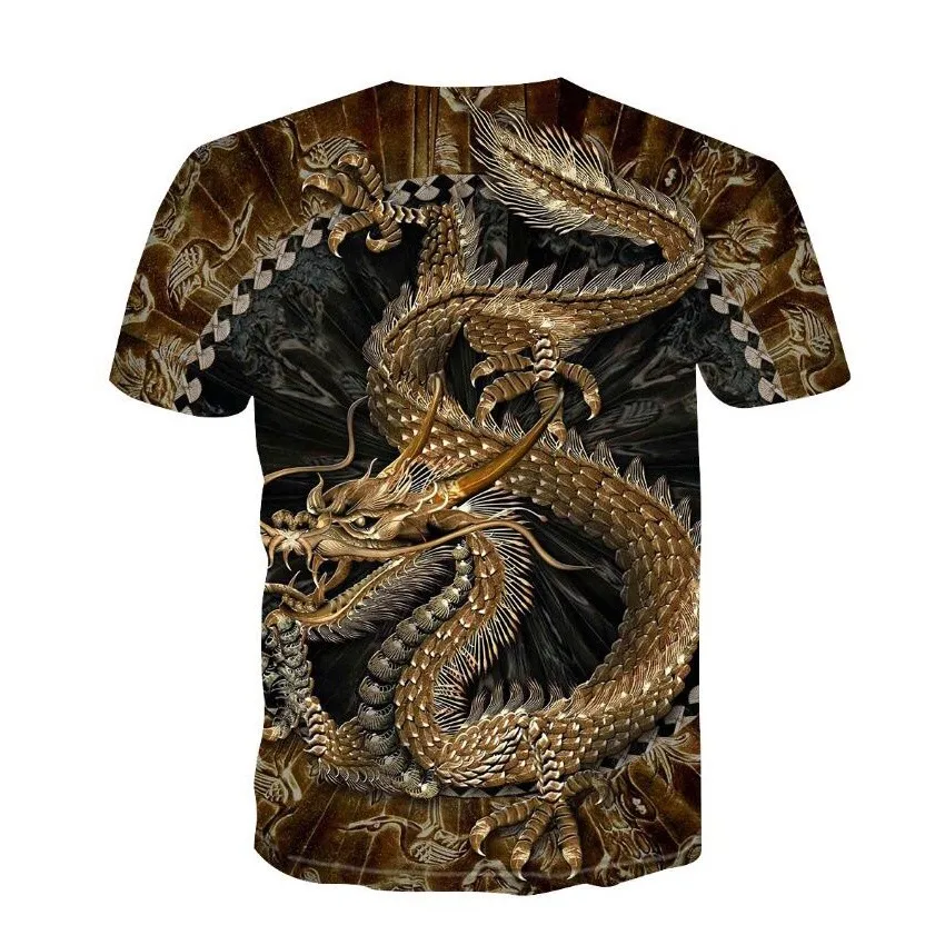 Men Dragon Print Tee Shirt Vintage Oriental Pattern Short Sleeve Round Neck Casual Streetwear Top