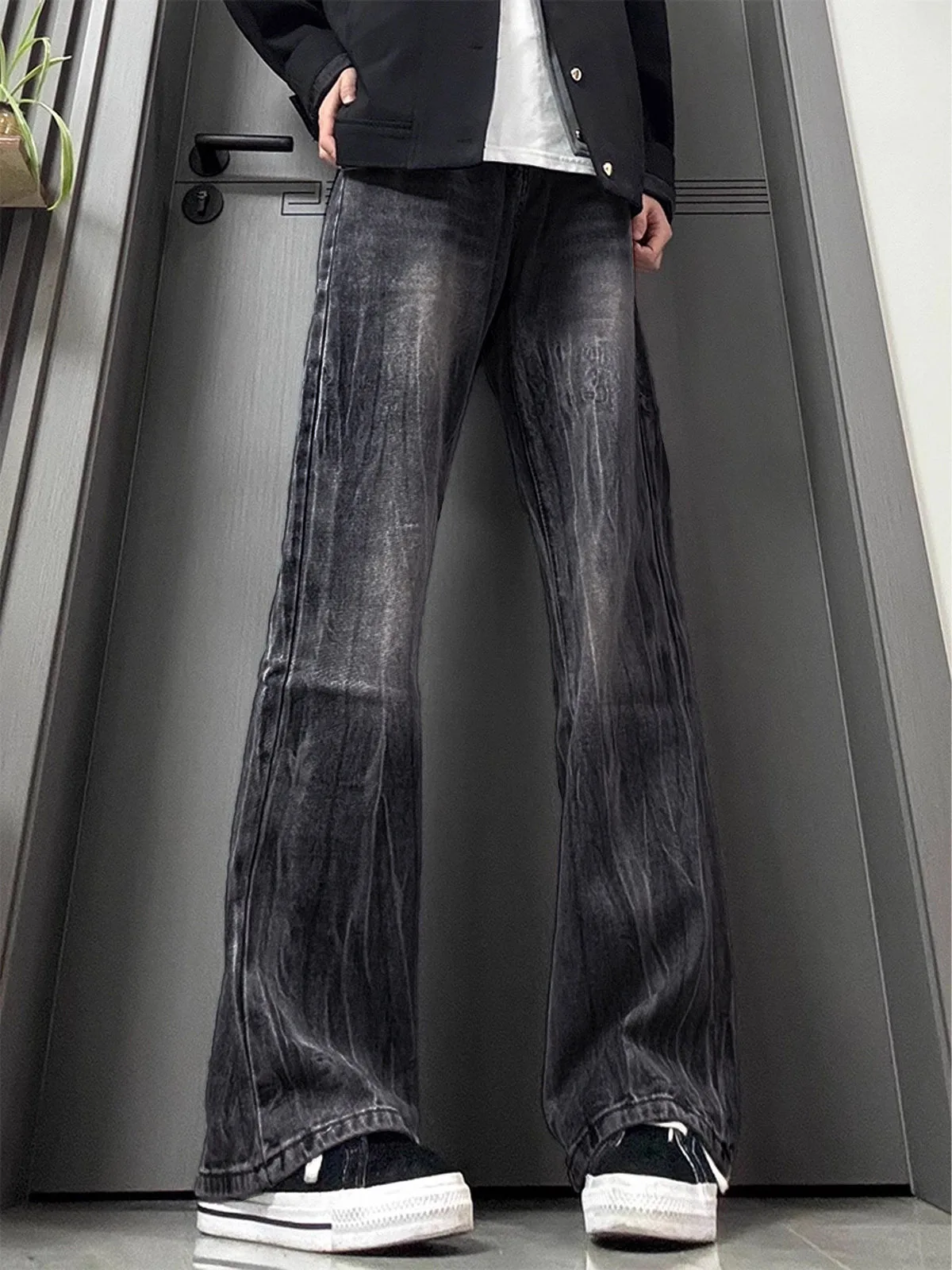 Retro Lightning Bamboo Node Pattern Jeans Men's Micro Flared Leg Lengthening Straight Blade Work Pants American Style
