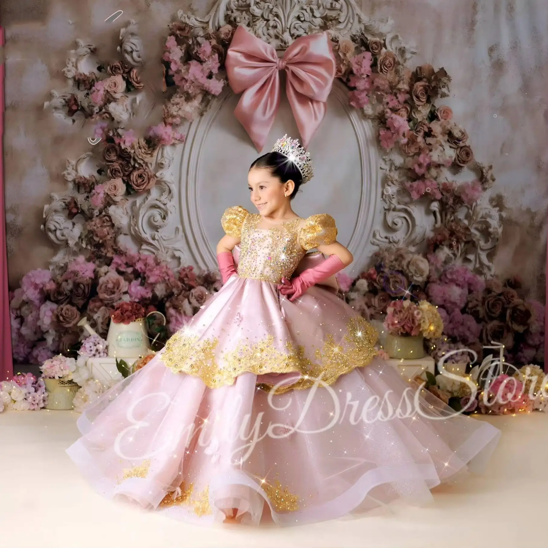 Customized Pink Flower Girl Dress For Wedding Puffy 3dApplique Elegant Floor Length Kids Birthday First Communion Pageant Gown