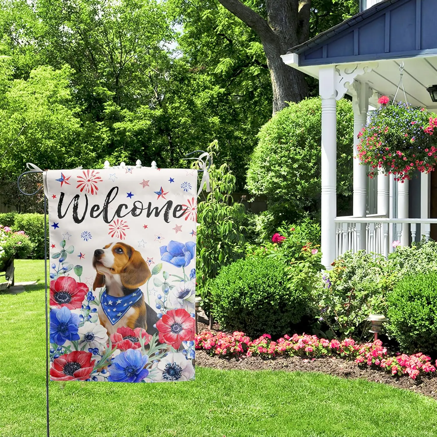 4th of July Beagle House Flag Red White Blue Floral Dog Garden Flags 28x40 Double Sided Large Memorial Independence Day Bann SSL