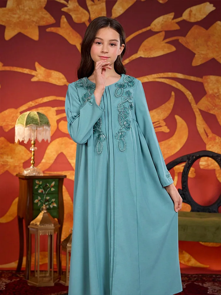 Middle East Abayas for Kids Girls Muslim Dress Beads Gown Ramadan Eid Djellaba Dubai Kaftan Morocco Robe Arabic Caftan Vestidos