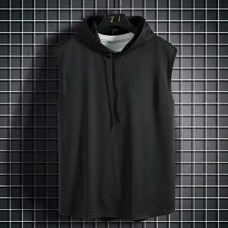 Men Tie Collar Hooded Sleeveless Vests Male Summer Loose Solid Hip Hop Tee Shirt Tops view 2