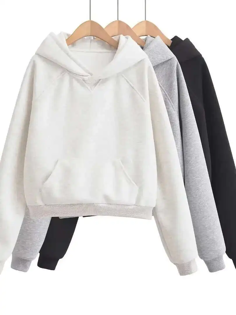 2024ฤดูใบไม้ร่วง/ฤดูหนาวใหม่หนาHoodedเสื้อแขนยาวผู้หญิงหลวมสบายๆอเนกประสงค์กระเป๋าขนาดใหญ่สีทึบAG1C