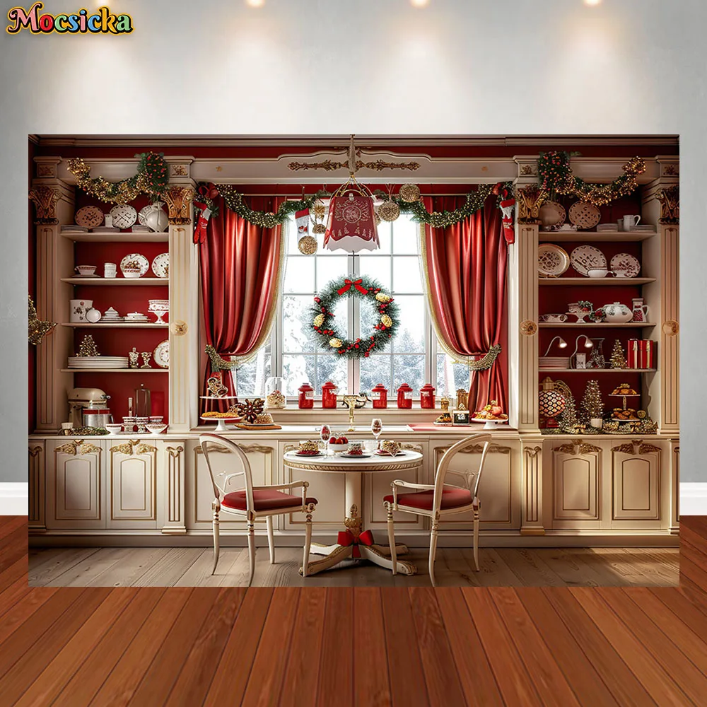 Christmas Kitchen Photography Background Cupboard XMAS Wreath Window Decoration Supplies Family Portrait Backdrop for Studio