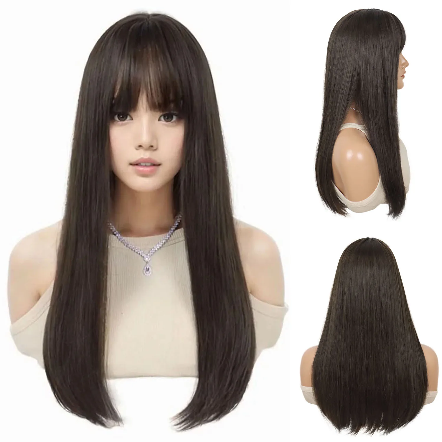 

Synthetic Hair 24 Inch Long Wig with Bangs for Women Girls Natural Dark Brown Smooth Straight Wigs Daily Party Heat Resistant