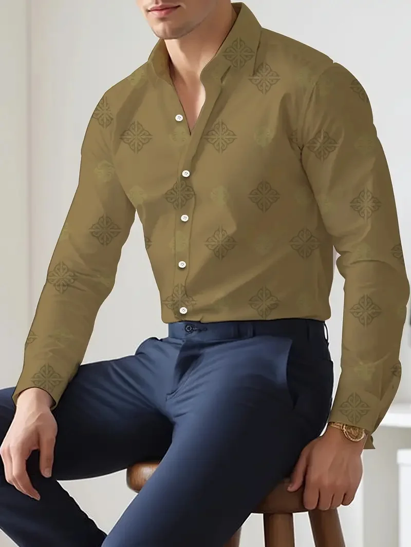 

2024 Spring And Autumn Solid Color Small Pattern Long Sleeve Shirt Personalized Style New Men's Casual Single Breasted Top MB12