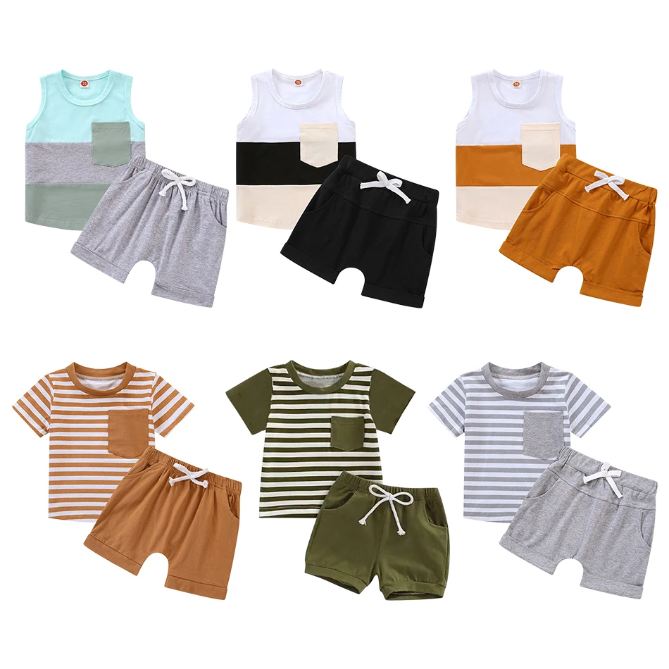 Boy Casual Striped Short Sleeved Top Solid Color Shorts Two-Piece Set Children Multi-Color Patchwork Vest Solid Color Shorts Set