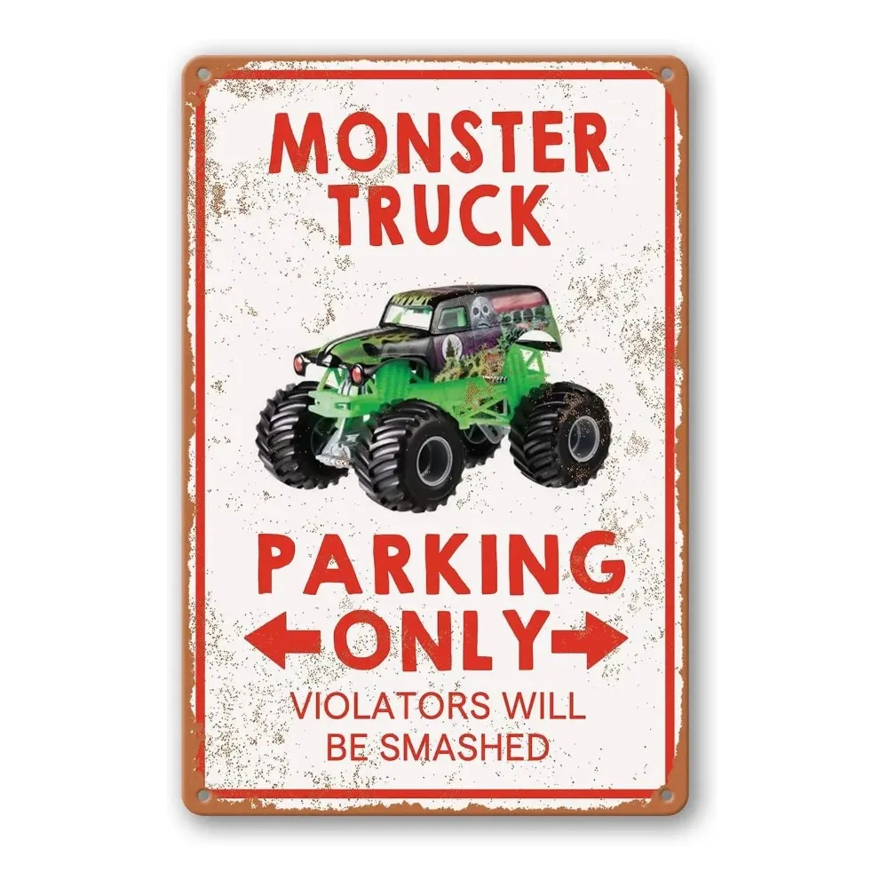 （2D Tin painting）MonsterTruckBoyDecor Monster Truck Vintage Metal Sign - Boys Monster Jam Bedroom Decor, Birthday Party Suppl