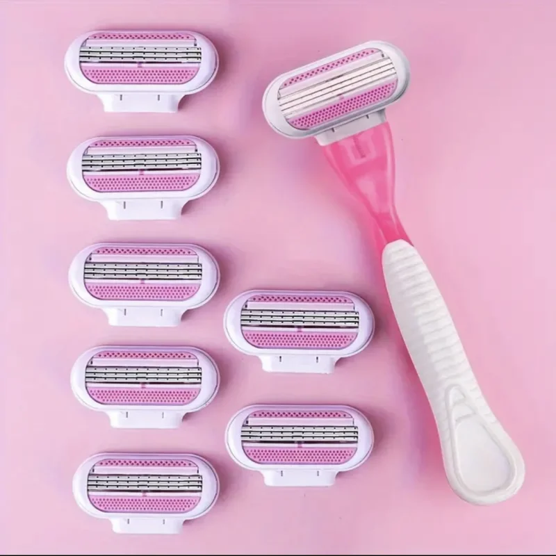 Lâmina de Barbeador Feminina com 1 Cabo e 3 Cartuchos, Lâmina de Aço Inoxidável, Cabo de Borracha, Reutilizável para Remoção de Pelos Corporais