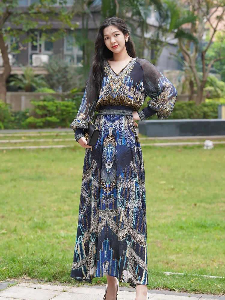 

Шелковое платье Tangmi Home из 100% шелка с V-образным вырезом, длинное, роскошное, с завышенной талией, с цветочным узором