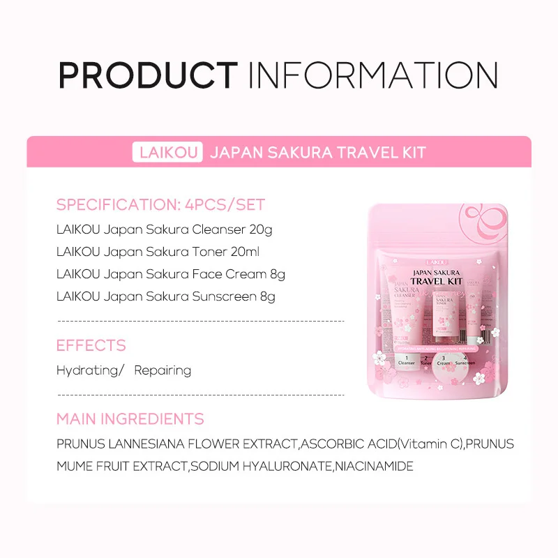 4pcs/bag LAIKOU Sakura Skin Care Sets Facial Cleanser Face Cream Toner Sunscreen Repairing Moisturizing Tender Face Care Product