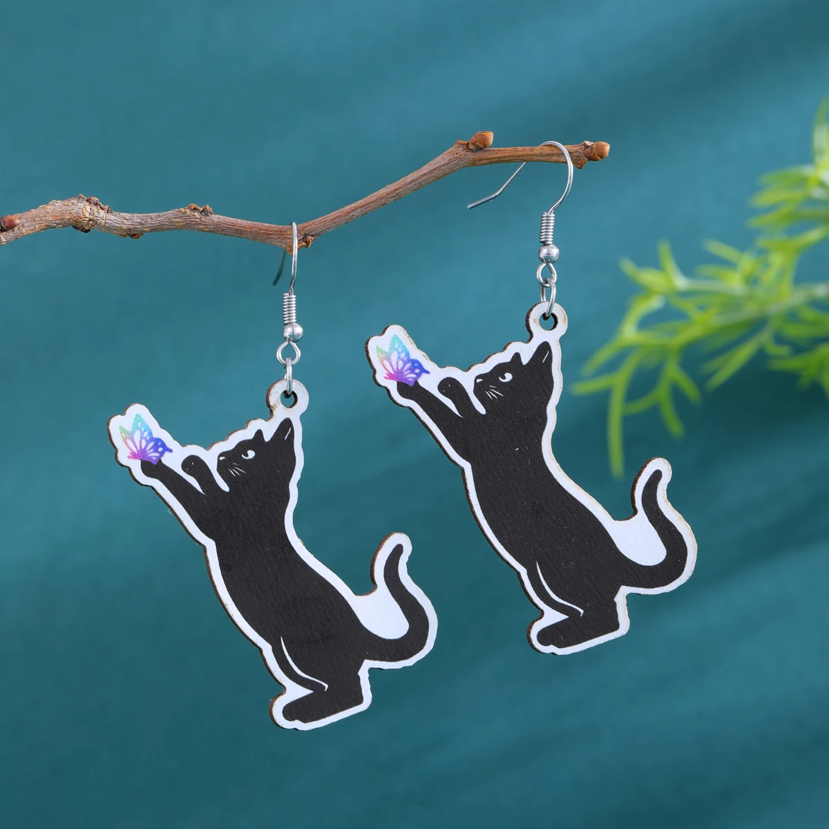 

Cute wooden cat and butterfly earrings funny animals