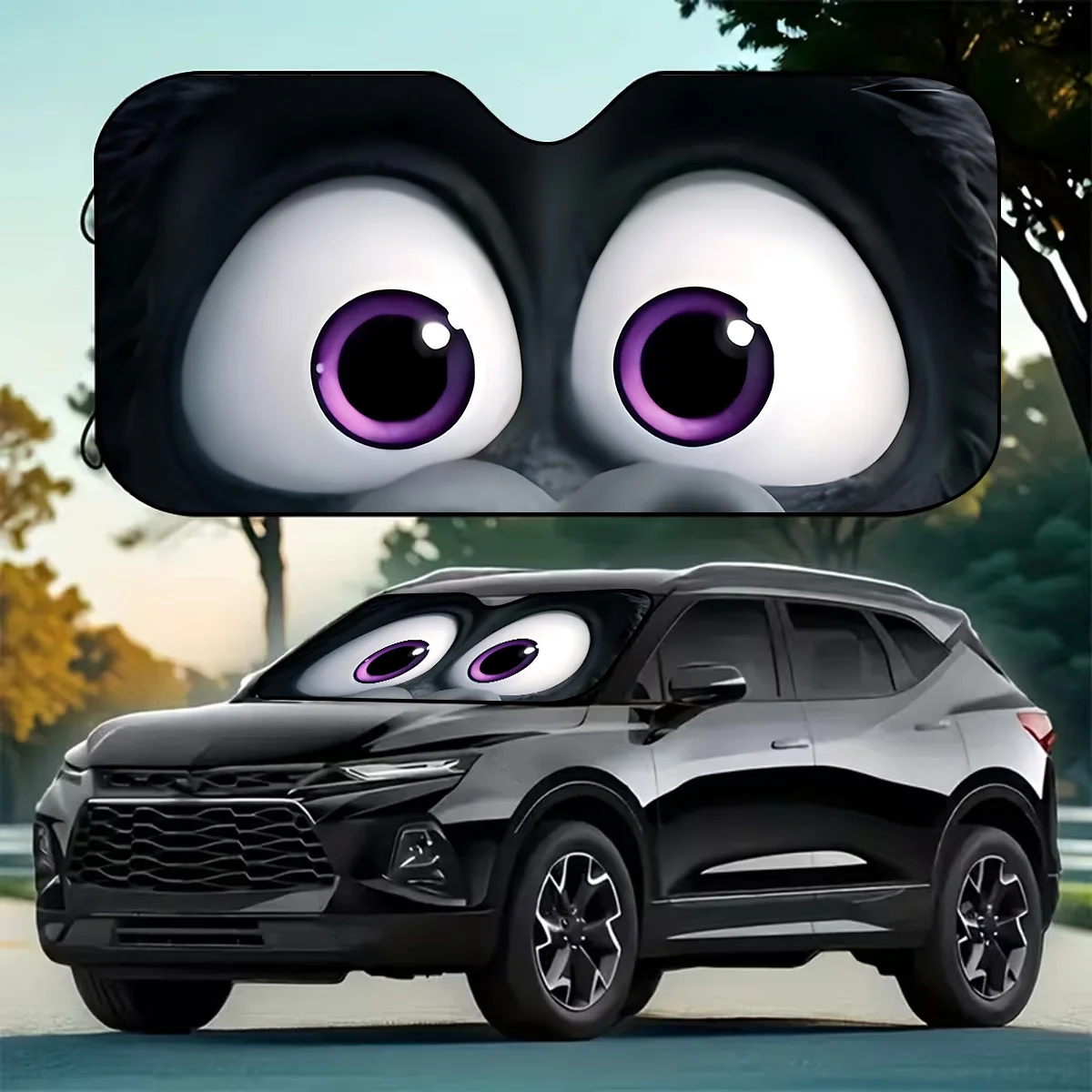 1pc 2D FLAT PRINTING A Cute Purple-Eyed Character Sunshade for Cars, Foldable for Easy Storage, Effectively