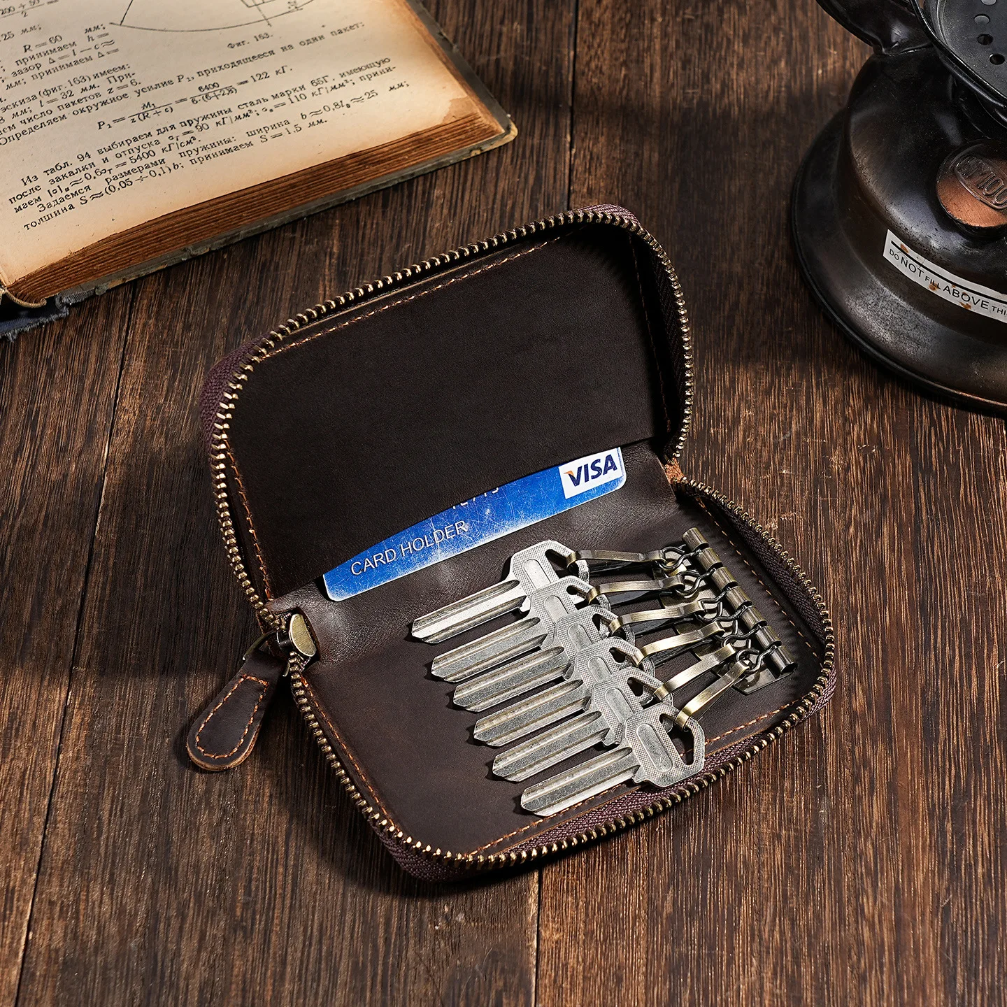 

Чехол-держатель для ключей из натуральной кожи с 6 держателями для ключей, мужской портативный чехол для ключей на молнии, сумка для хранения ключей на дверь