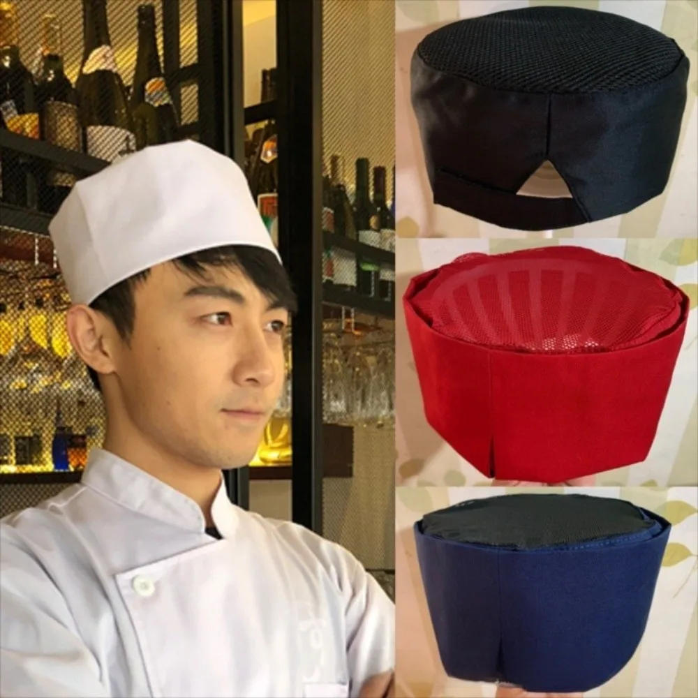 

Japanese-Style Breathable Sushi Cap Mesh Solid Color Chef Hat No Eaves Wear Resistant Chef Flat Top Caps Both Sexes Chef