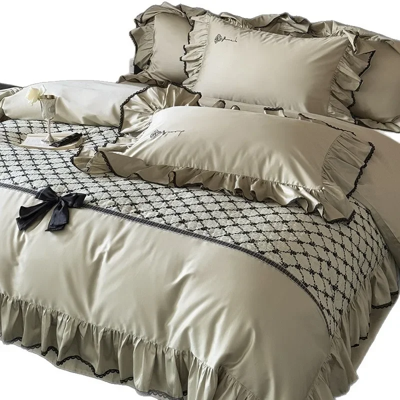 French retro four-piece three-dimensional bow quilt cover 100S nude cotton embroidered lace bedding