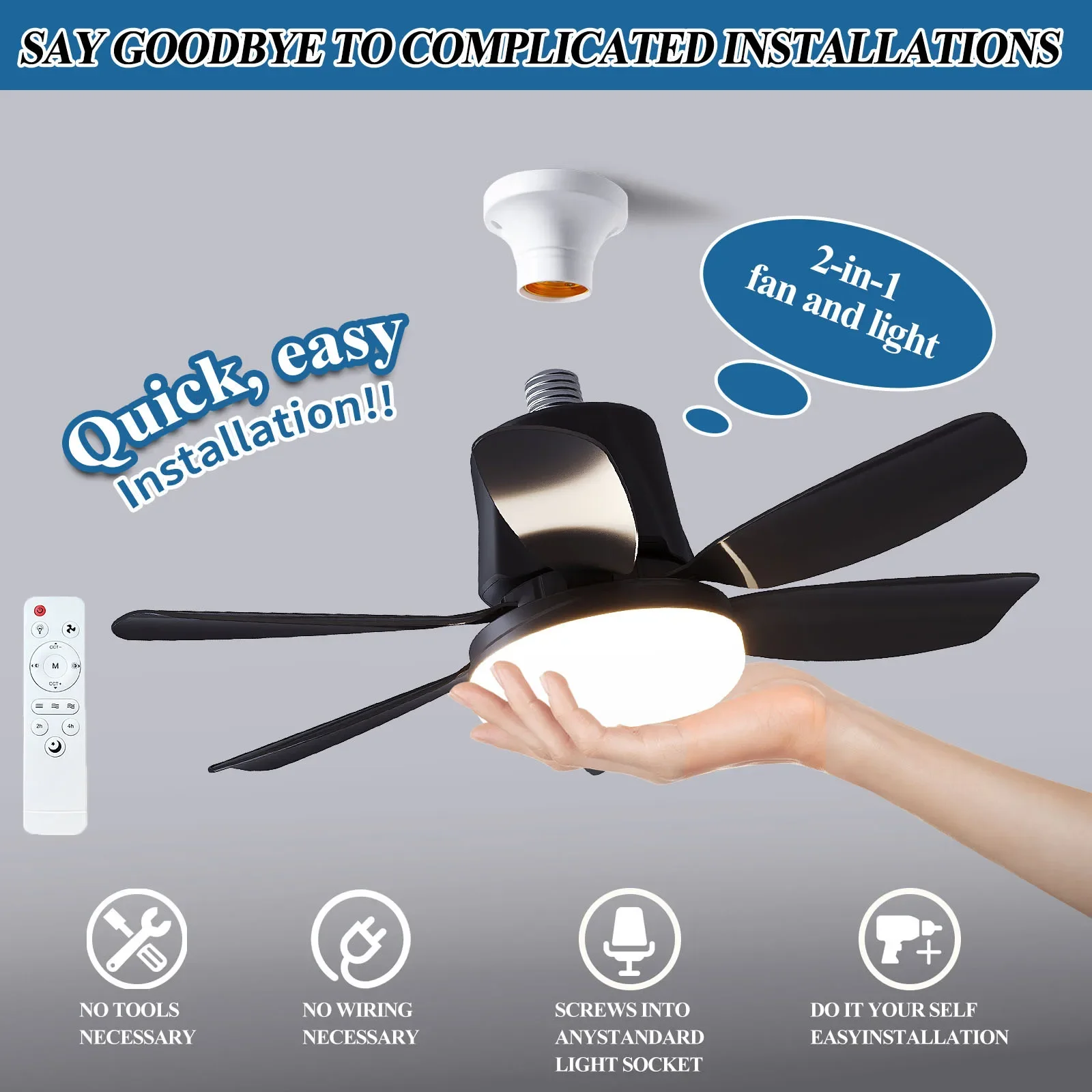 

40W Socket Ceiling Fan With LED Light And Remote Control E27 Chandelier Fan Bulb 4 Speed Silent For Bedroom Garage Kitchen