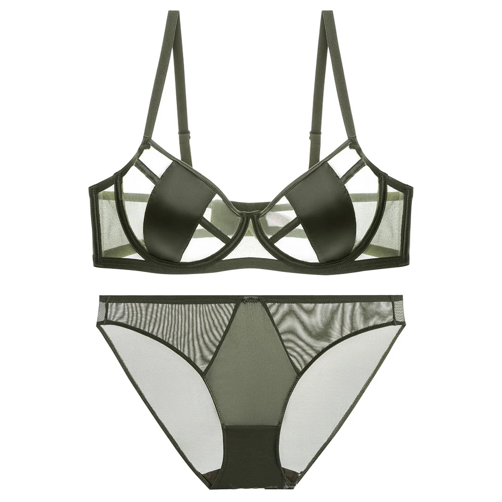 

Sexy Female Lingerie Ultrathin Mesh Satin Patchwork Unline Bra and Panties Sets with Push Up Underwear Women Intimates