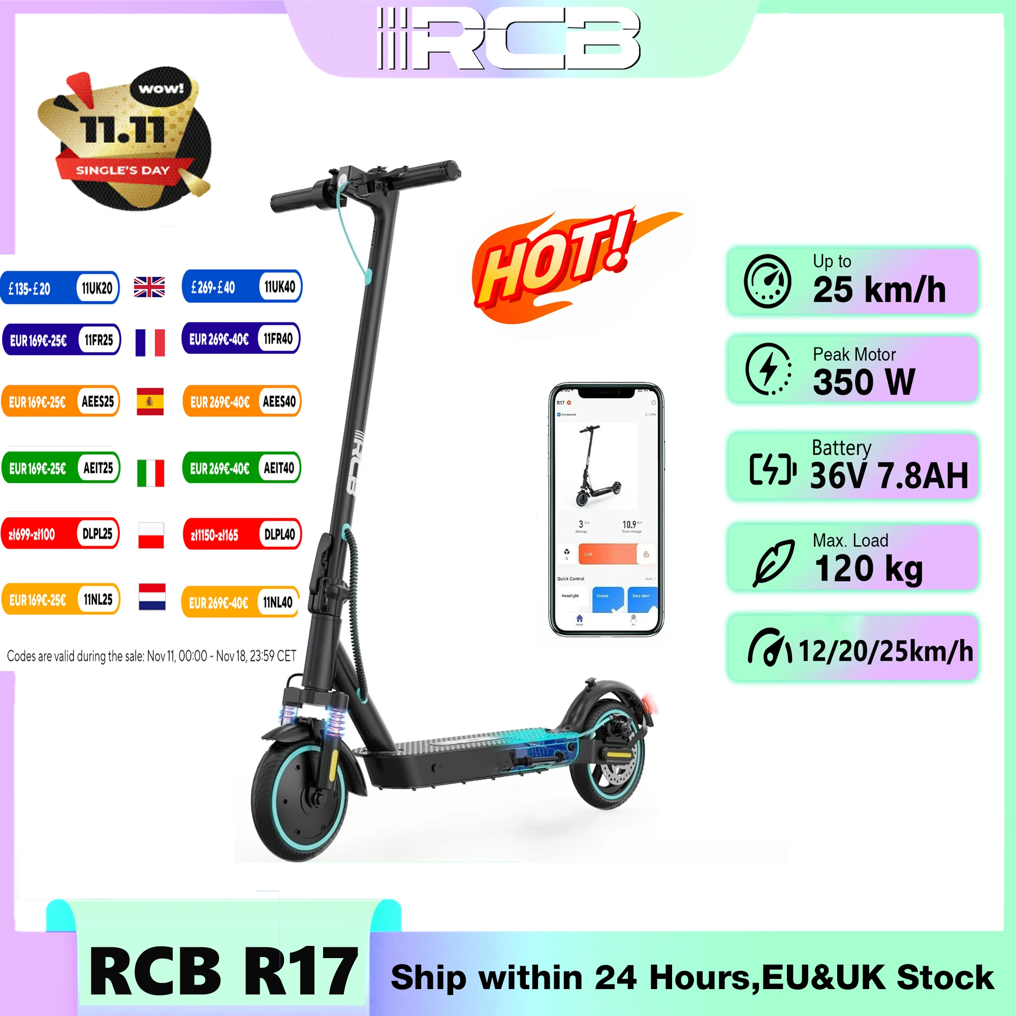 RCB electric Scooter for adults, e-Scooter with APP control, motor 350W, Max speed 19 mph, electric Scooter for adults