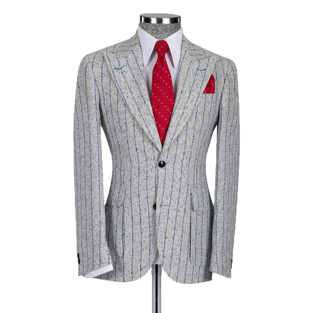 Smokings de marié à rayures gris clair pour hommes, coupe couvertes, revers pointu, olympiques pantalons, manteau de mariage sur mesure, 2 pièces