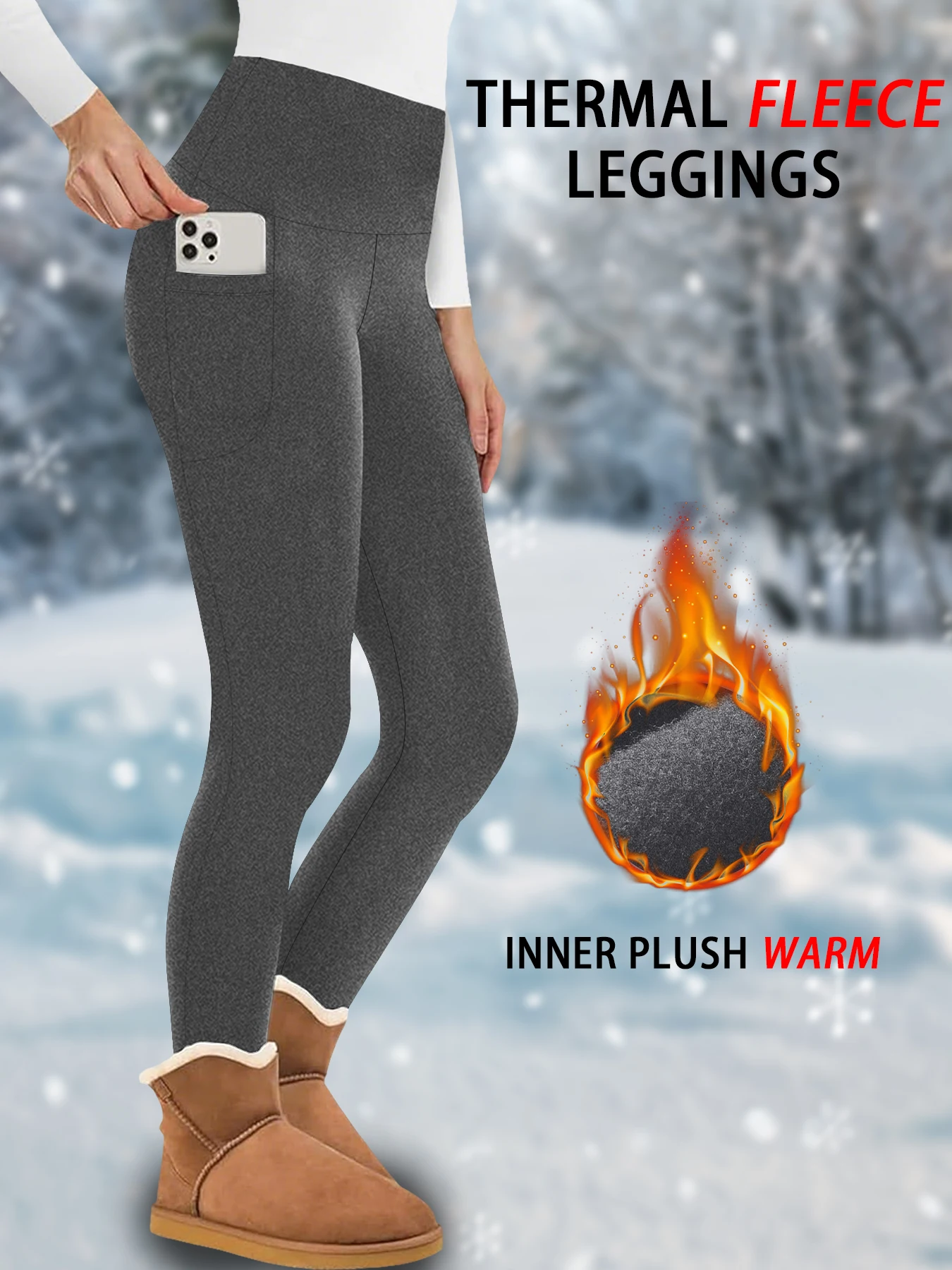 High Waisted Winter Leggings with Pockets for Women - Thermal Fleece Lined Tummy Control Thick Warm Tights Workout Running