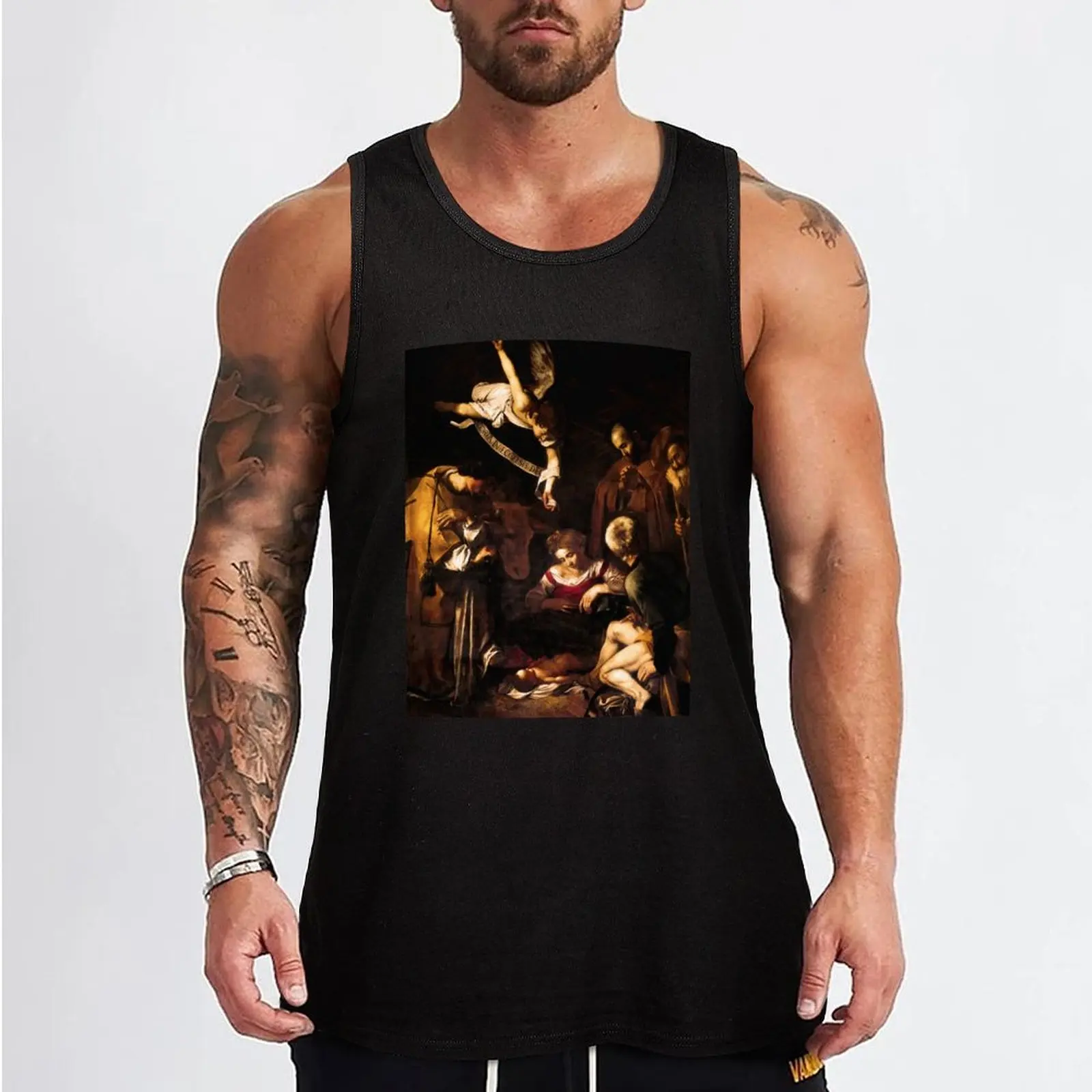 Michelangelo Merisi da Caravaggio Nativity with St. Francis and St. Lawrence Tank Top mens gym clothes gym clothing