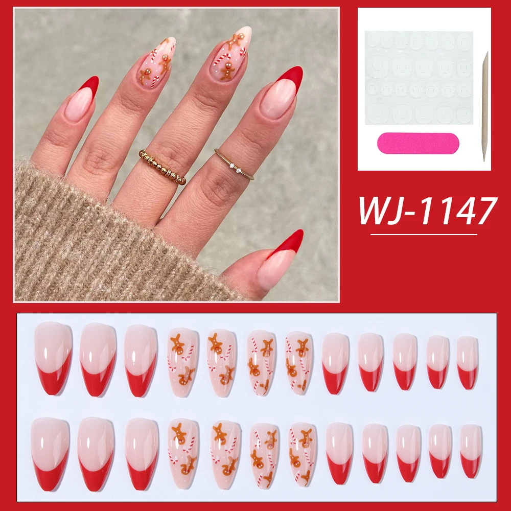 24pcs short and medium acrylic false nails Christmas red almond nail,Santa Cane Candy, biscuit design, press on nails detachable