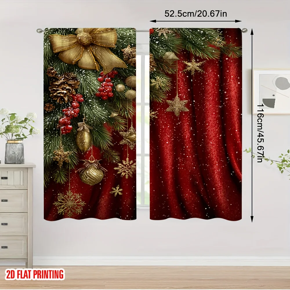 2pcs Christmas Pine Berries Print Curtains, Light Filtering Machine Washable for Living Room Bedroom Festival Decor
