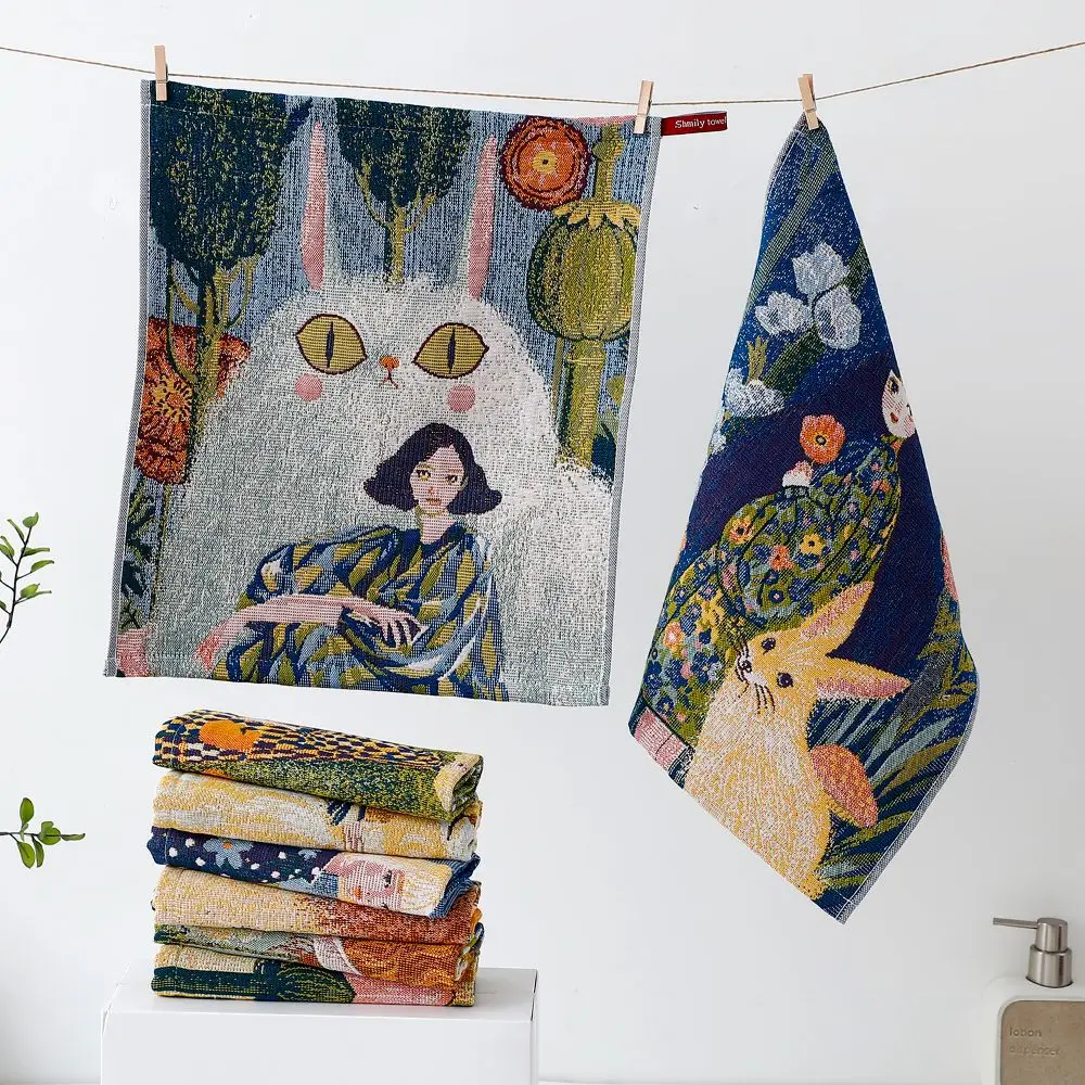New 34x40cm Large Hand Towel 4 Layer Cotton Gauze Quick Dry Pure Cotton Dish Cloth Decorative Cartoon Tea Towel Home Restaurant