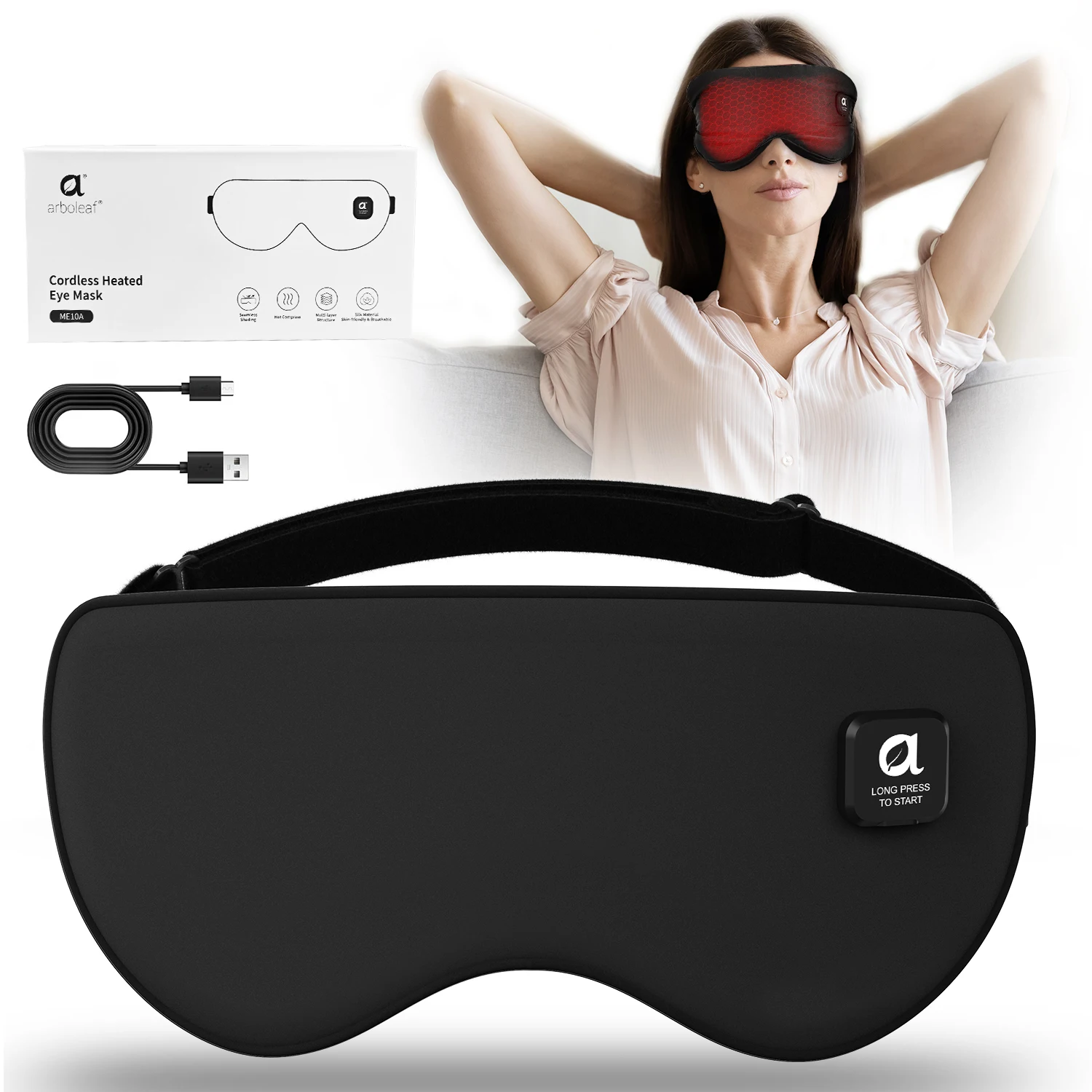 Arboleaf Heated Eye Mask Rechargeable Warm Eye Compress 2 Heat Levels 108°F 122°F Light Blocking Washable Sleep Mask for Travel