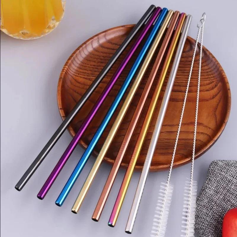 Rainbow Color Reusable Metal Straws Set with Cleaner Brush 304 Stainless Steel Drinking Straw Milk Drinkware Bar Party Accessory