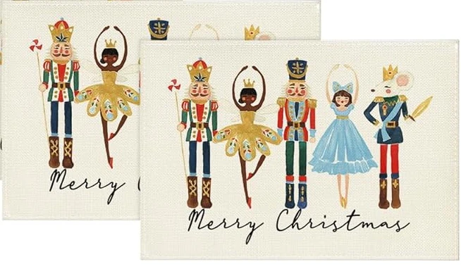 Watercolor Nutcrackers Xmas Balls Merry Christmas Placemats 2pcs,  Seasonal Winter Holiday Table Mats