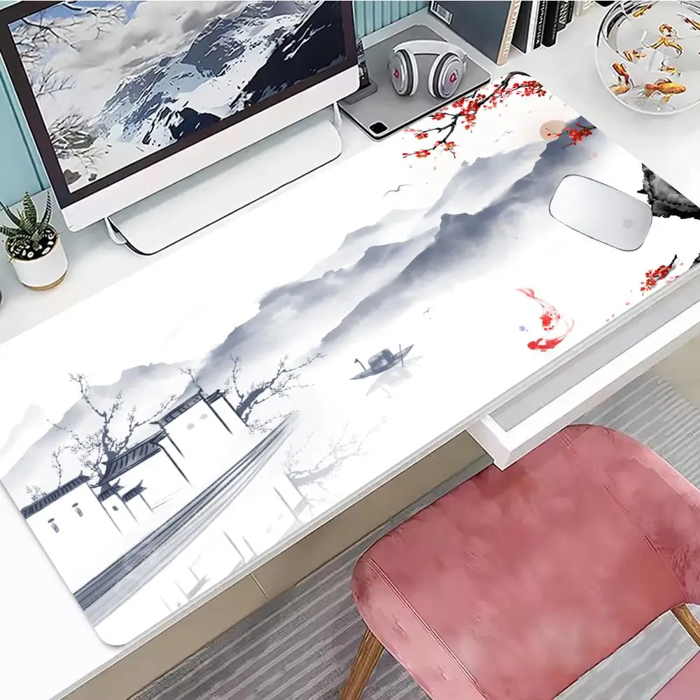 

Коврик для мыши с рисунком в стиле пейзажной живописи, игровой коврик для мыши, коврик для мыши с окантовкой и нескользящей резиновой основой, удлиненный коврик для мыши