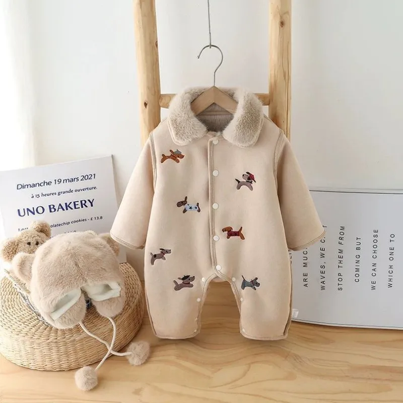 2026 Winter Plush Baby Rompers with Hat 2pcs Set Newborn Baby Clothing Infants Baby Jumpsuit Thick Fleece Warm Climbing Clothes