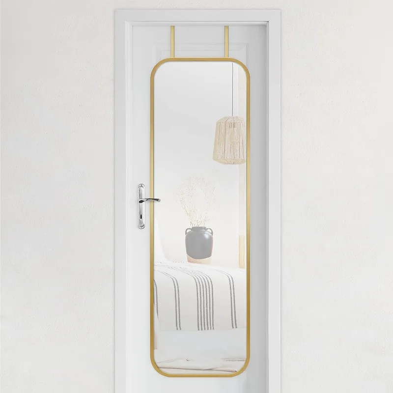 

Metal Over The Door Mirror With Rounded Corners, Full Length Hanging Mirror for Bedroom and Bathroom Doors, 17 by 55 Inch, Brass