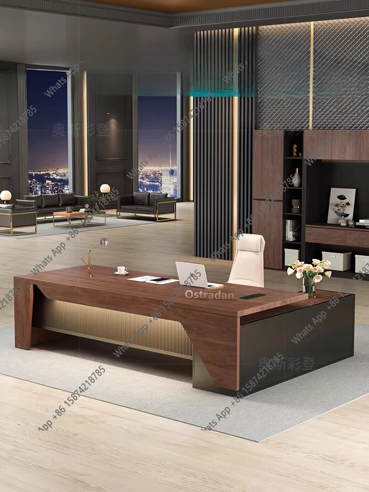 

Solid wood boss table with side cabinets president's law firm office North American black walnut desk