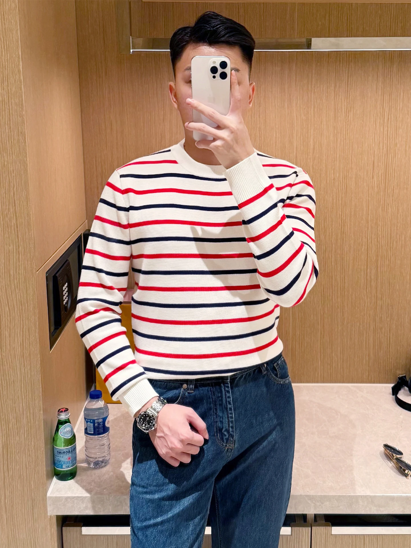 

High-End Quali Slim Fit Men's Knitted irt Faionable New Sle Advanced Sense Color Blo Stripe Sweater Men's Autumn Wi...