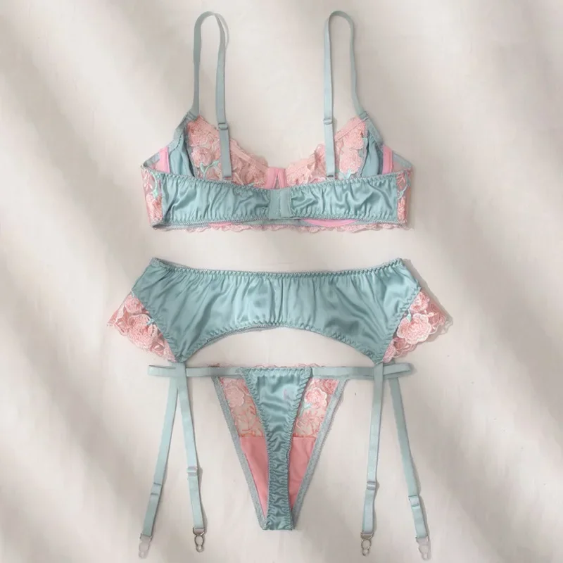 Toucheart مثير التطريز الملابس الداخلية مجموعة للنساء الدانتيل الزهور المرقعة شبكة انظر من خلال مثير الأربطة 3 قطعة الملابس الداخلية مجموعة جديد #4