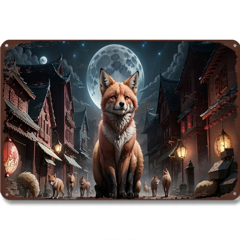 Oriental Fantasy Aluminum Metal Wall Art: Majestic Fox in An Ancient Street Under Full Moon, Ideal for Asian - Themed Decor