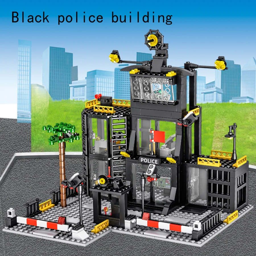 

Черный строительный блок, полицейское здание, здание городской полиции, городской полицейский участок, украшение стола, подарок на день рождения.