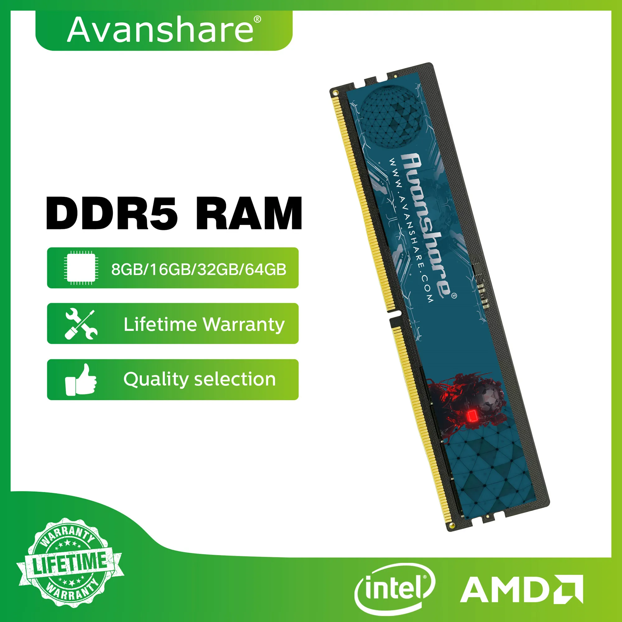 Avanshare Ram Memory DDR5 32GB 16GB 8GB 4800MHz 5600MHz Desktop Memory Rams 288 Pin 1.4V DIMM DDR5 RAM High performance