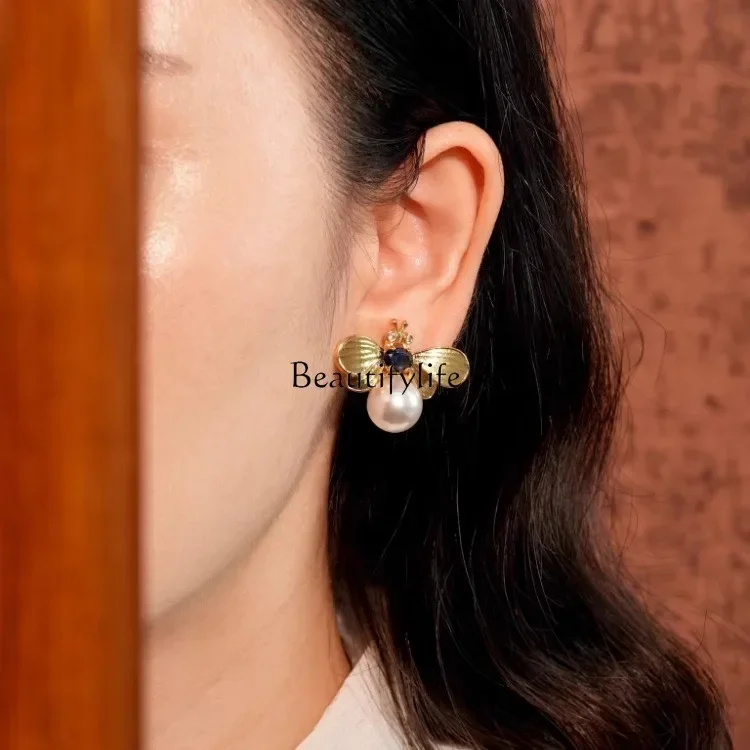 Light Jewelry Line Bee Pearl Earrings Sapphire Light Luxury Versatile Ear Clips Without Pierced Ears