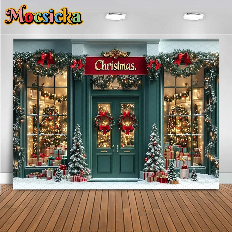 Mocsicka Christmas Photography Background Xmas Tree Snow House Shop Bow Gifts Decorations Children Family Party Backdrops Banner