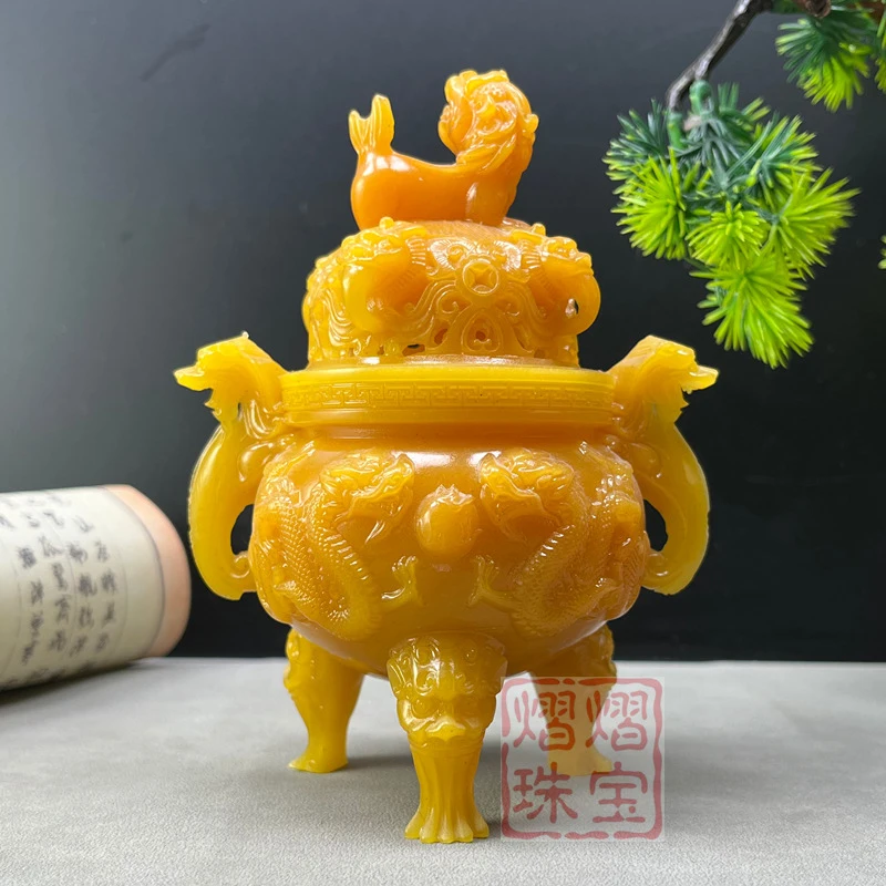 Imitation Shoushan Stone Three-Legged Hollow Dragon Incense Burner with Double Dragons Playing with Pearls, Zodiac Dragon Orname