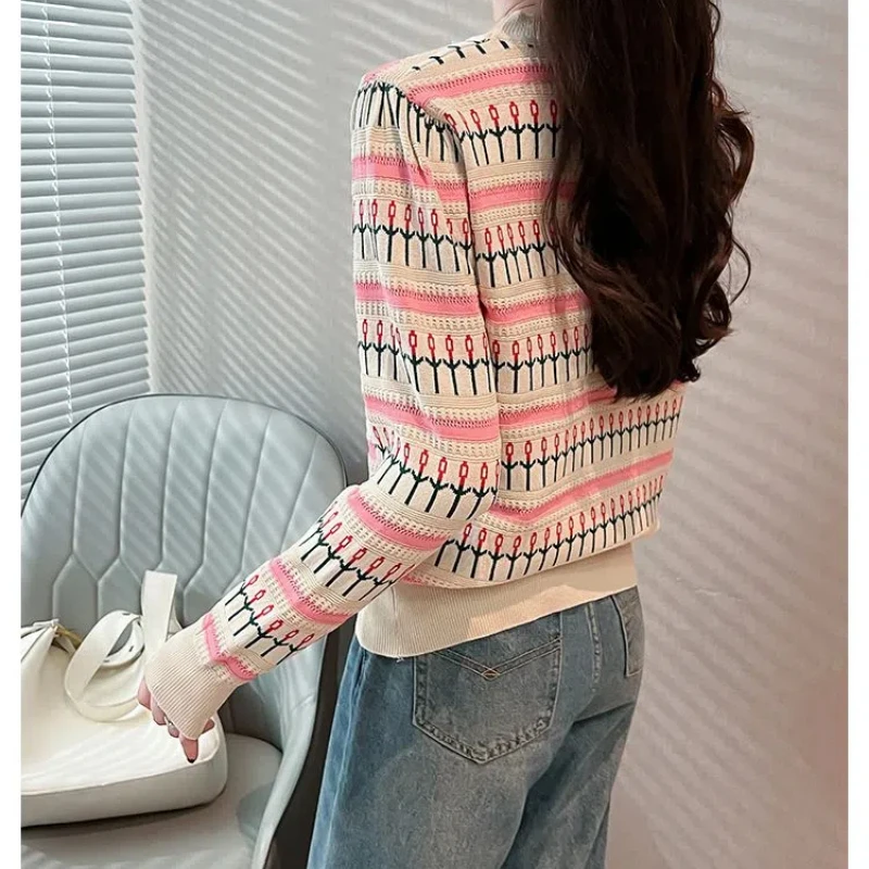 Geometric Striped Pullover Lantern Long Sleeve Round Neck Sweater Knitted Casual Elegant Autumn Winter Women\'s Clothing Tops