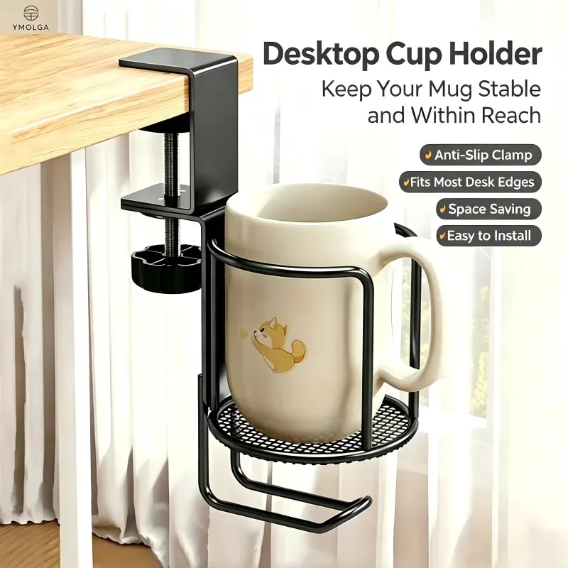 Drill-Free Arm Clamp Mount Cup Holder - Fixed Or Rotating Desk And Table Edge Cup Holder Anti-Spill Anti-Fall Secure for All Bev