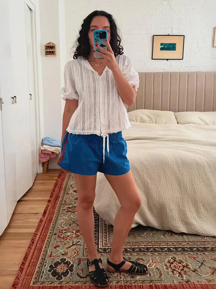 

French Style Cotton Lace Hollow out Breathable Five Sleeve Shirt Women's Loose Fit V-Neck Button up Casual Shirt