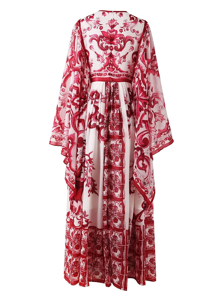 Fashionable Full Long Dress for Women, Chiffon Silk, Red Porcelain Printing, Suqare Sleeve, Party Vacation, Spring and Summer